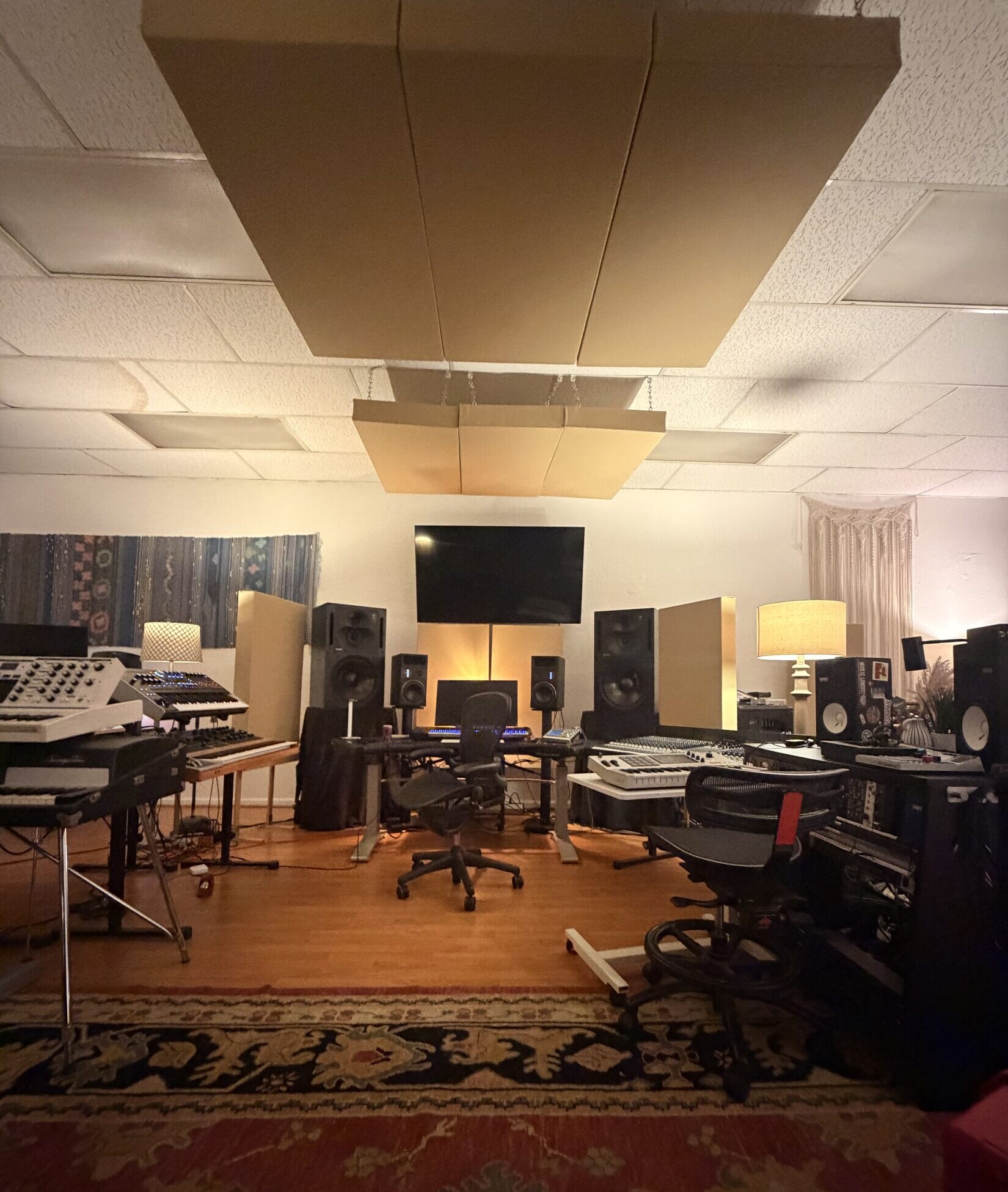 Control room at Hopeland Studio, facing the monitors and mixing desk