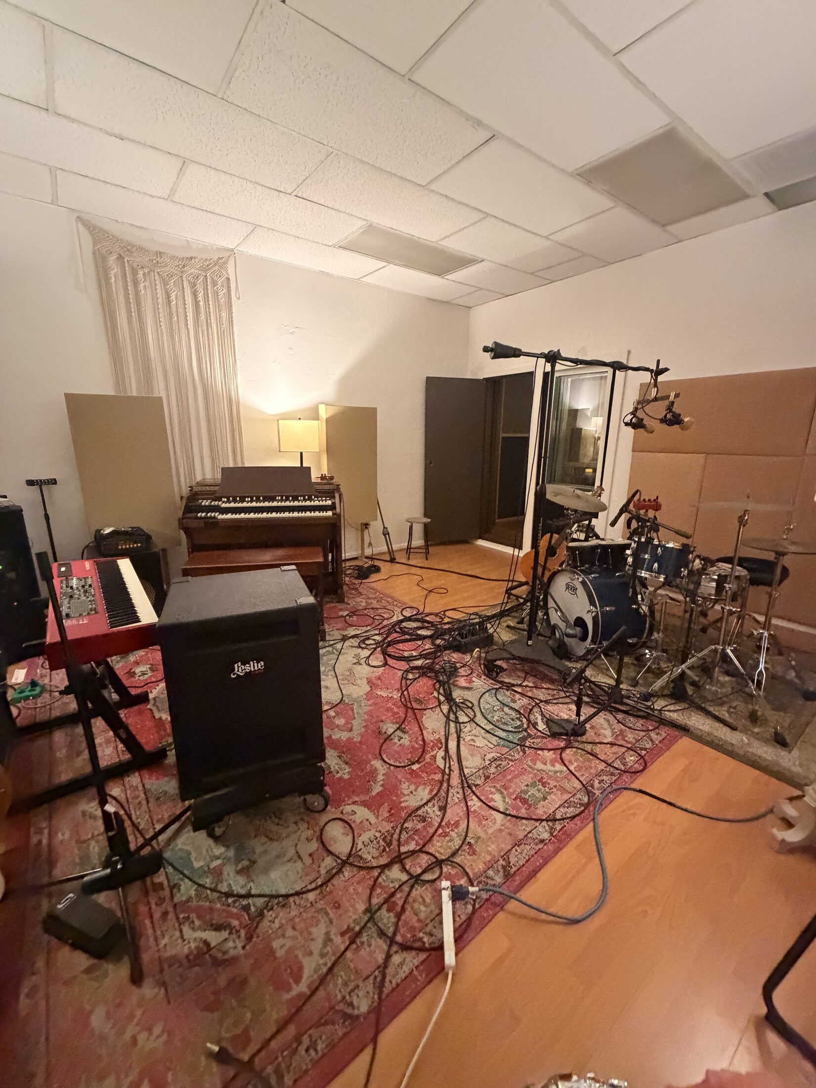 Live room with full drum kit set up and ready